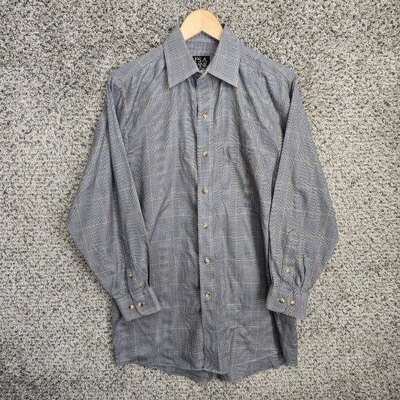 Jos A Bank‎ Shirt Mens Small Grey Plaid Geometric Button Up Traveler Cotton - Picture 1 of 7